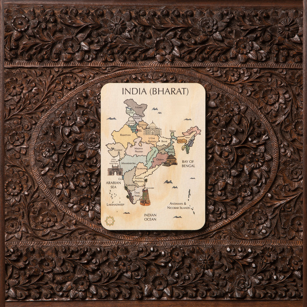 India (Bharat) Country Map Timber Tile + Matching Colour In Card