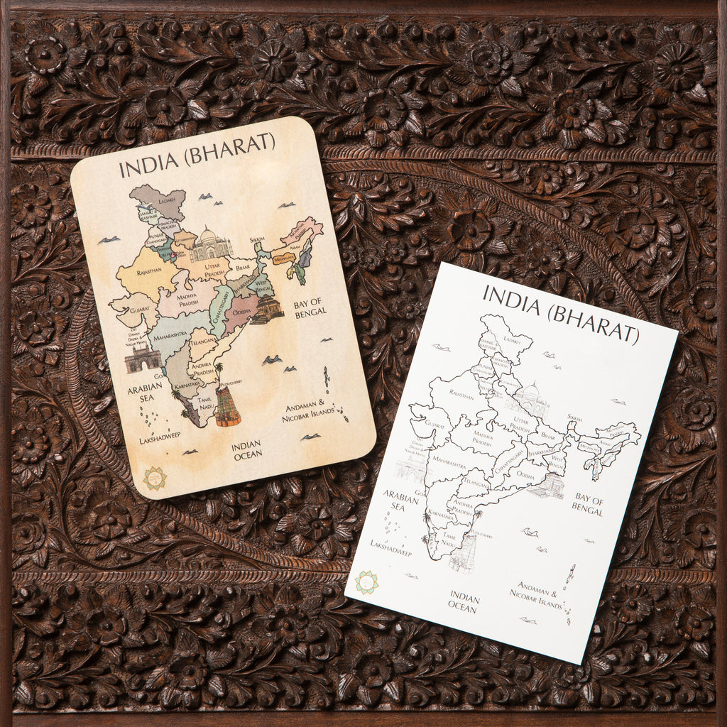 India (Bharat) Country Map Timber Tile + Matching Colour In Card