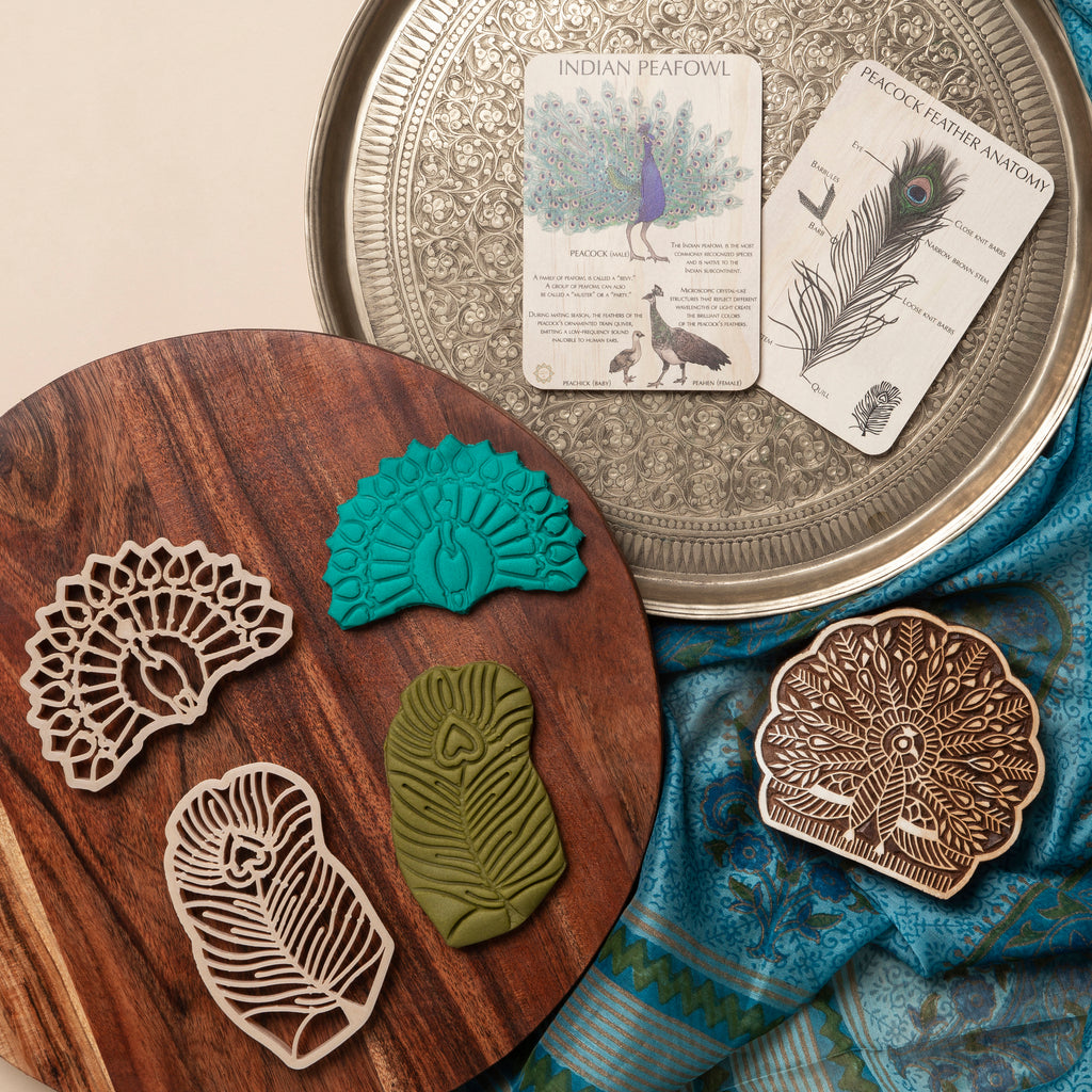 Indian Peacock Sensory Pack - Eco Cutter™ Set of 2, Timber Tile, and Colour In Card